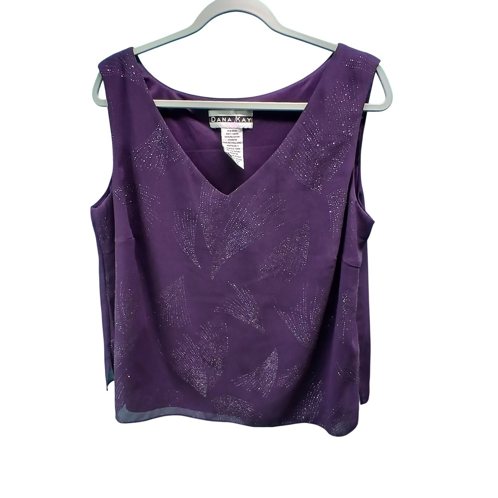 Dana Kay Sleeveless Blouse 14W Purple Glitter Leaf V-Neck Shimmer Elegant Top‎